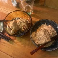 Vanilla ice cream with black sesame syrup and another desert I forgot the make of   at Vegan Izakaya Nowhere in Tokyo