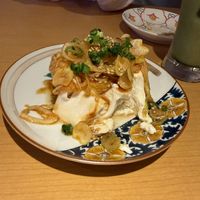 Pirikara Negi Hiyayakko (Japanese leeks in a rich chilli and sesame dressing served on a chilled tofu block)  at Vegan Izakaya Nowhere in Tokyo