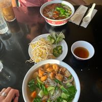 Lunch portions of the pho with “chicken” and pho with “steak” at Lotus Moon Vegan Pho in Boulder