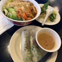 Pho with lemongrass tofu and spring rolls  at Lotus Moon Vegan Pho in Boulder