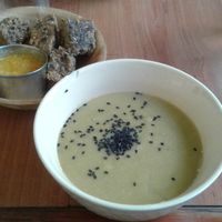 Cauliflower soup, bread and sauce to dip at La Fraternal in Santiago