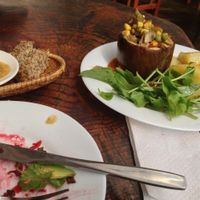 Baked eggplant, salad at La Fraternal in Santiago