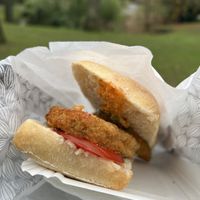 Soy? Patty ciabatta sandwhich with cabbage, pickles, tomato, and a great dressing  at L'Atelier Steffen in Luxembourg City
