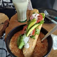 Tacos dorados de no-pollo ahogados en sopa! Delicioso 😋 at Veggie Sweet Point in Mexico City