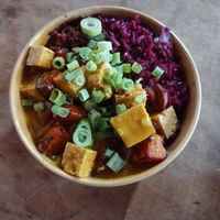 Tofu & sweet potato Katsu curry Donburi at Bao To The Broth in Hereford