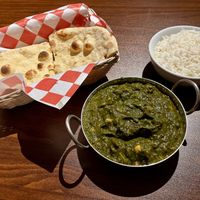 smiling saag channa with roti and rice...  at Kirpa's Indian Cuisine in Hood River