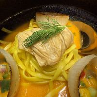 Tofu skin in khao soi  at Vegan Pranakhon in Bangkok
