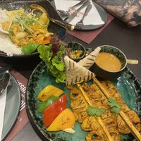 Satay and stir fried tofu  at Vegan Pranakhon in Bangkok
