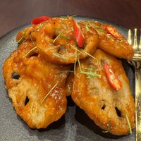 Crispy lotus root   at Vegan Pranakhon in Bangkok