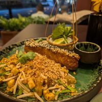 Pad Thai with fried fish (so good!) at Vegan Pranakhon in Bangkok