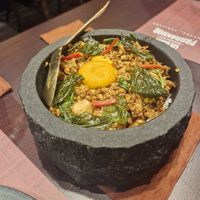 Stir-fried Thai Basil with Tofu Minced Pork & Vegan Egg Yolk:
Tofu, Chili, Basil Leaves, Soy, Tomato, Jasmine Rice at Vegan Pranakhon in Bangkok