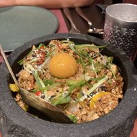Stirfry mince with garlic. Faux egg on top was not particularly strong on flavour.   at Vegan Pranakhon in Bangkok