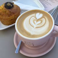 Vegan orange cake and oat milk cappuccino   at Monogram Roasters in Crete