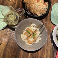 Pan-Fried Veggie Dumplings & Gummy Noodle   at Sichuan Alley Bistro in West Hartford