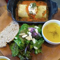 Lasagna roll and pumpkin soup w/ a side salad and bread at Cook and Book 쿡앤북 in Seoul