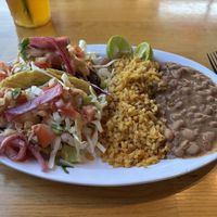 Vegan fish tacos with rice and beans. Great flavor !  at BZ Taco in Redlands