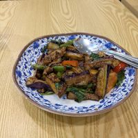 Eggplant with basil long beans and mock pork at Dharmakaya Veggie - 四月初八精品素食 in Kowloon