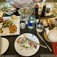 Chick peas, rice and vegetable salad, caponata, grilled zucchini, marinated zucchini, fennel and orange salad   at Le Cattive in Palermo