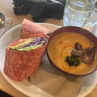 Sunshine wrap with carrot and ginger soupp #Veganuary at Naked Sprout Juice Bar Cafe in Whistler