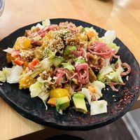 I forgot to ask for salad instead of rice! So I got it on a separate plate and put the poke bowl on top of it😁+10kr for the salad.   at Nagasaki Sushi in Gothenburg