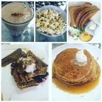 Round two at brunch -- cinnamon toast crunch smoothie, complementary popcorn (seriously amazing), vegan egg (food magic, I swear), French toast, and red fife pancakes (so delicious and homey -- a personal favourite of mine).  at Doug McNish Public Kitchen in Toronto
