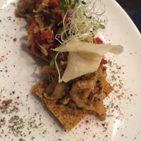 Cilantro/ginger kimchee on a vegetable pancakes. Absolutely wonderful! at 42 Degrés in Paris