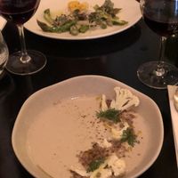 Appetizers: Asparagus platter and creamy cashew soup    at 42 Degrés in Paris