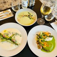 Asparagus with buckwheat biscuit, shingle like dish, asparagus velouté   at 42 Degrés in Paris