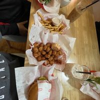 Burgers, tots, and fries with a hot and iced rocha and an iced chai latte #Veganuary at Shahar in Louisville