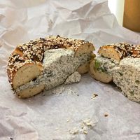 Everything Bagel with the Vegan Scallion Dill Schmear  at Bagelshop in Nashville