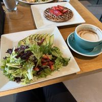 Vegan waffle and salad, oat milk cappuccino  at Mornings on First in Livermore