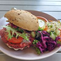 Rice, quinoa, beet burger. at The Green Moustache - Lorimer Rd in Whistler