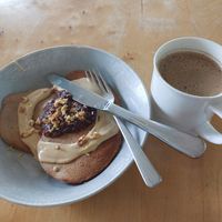 Chai latte and buckwheat pancakes 🥞 at The Green Moustache - Lorimer Rd in Whistler