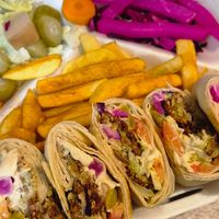 Ask for the wrap with no garlic sauce (yoghurt), they served ours with hummus and chilli sauce at Two Brothers in Airdrie