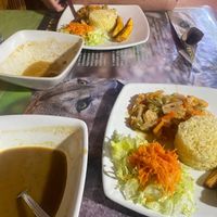 Bean soup with rice, vegetables, salad and plantain at Hostería Cumanday in Villamaria