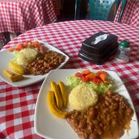 Rice, beans, salad and plantain. at Hostería Cumanday in Villamaria