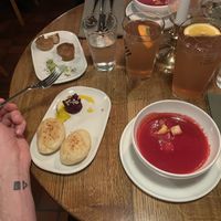 Beetroot soup, homemade bread, vegetable tartar, small nut cakes. Appetisers included in the main dish price.   at Zebra in Bern