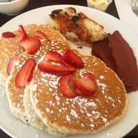 Pancakes with hash browns and bacon - all vegan!! $10.50 at Earth Bistro in Cleveland