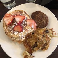 Vegan Pancakes with hash browns and vegan sausage patties  at Earth Bistro in Cleveland