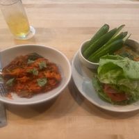 Squash Casserole / Double vegan burger with double lettuce wrap / Hummus and Cucumbers 🥒   at True Food Kitchen - Fashion Valley Mall in San Diego