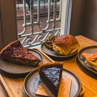 Quiche Loraine, Chocolate Tart, Pan Au Chocolat, Pistachio cookie, Parisian sandwich #Veganuary at Land & Monkeys - Les Halles in Paris