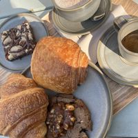 pain au chocolat, espresso, brownie, chai latte & croissant and cookie   at Land & Monkeys - Les Halles in Paris