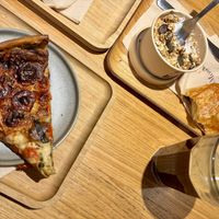Quiche, yogurt & granola, and pain au chocolat at Land & Monkeys - Les Halles in Paris