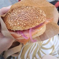 Faux salmon, pickled red onion and cream ceese at Land & Monkeys - Les Halles in Paris