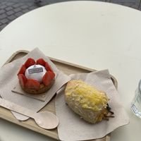 Strawberry tart and ham & cheese roll  at Land & Monkeys - Les Halles in Paris