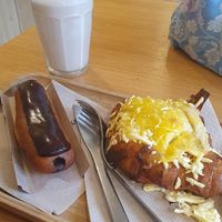 Chocolate eclair and croquet Monsieur croissant at Land & Monkeys - Les Halles in Paris
