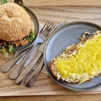 Our breakfast - bagel has only vestigial hole at Land & Monkeys - Les Halles in Paris