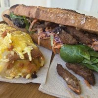 Chicken sandwich and pains au lardon at Land & Monkeys - Les Halles in Paris