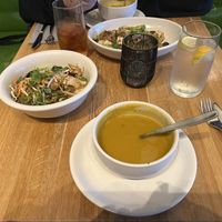 Butternut squash soup, Korean noodle bowl and quinoa bowl  at True Food Kitchen in Dallas