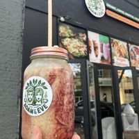 Arasi smoothie = apple juice, banana with mixed nuts, dates, vimto (blueberries) topped with apple slices and coconut  = one of the best smoothies I’ve ever had  at Adam and Eve Cafe in Birmingham